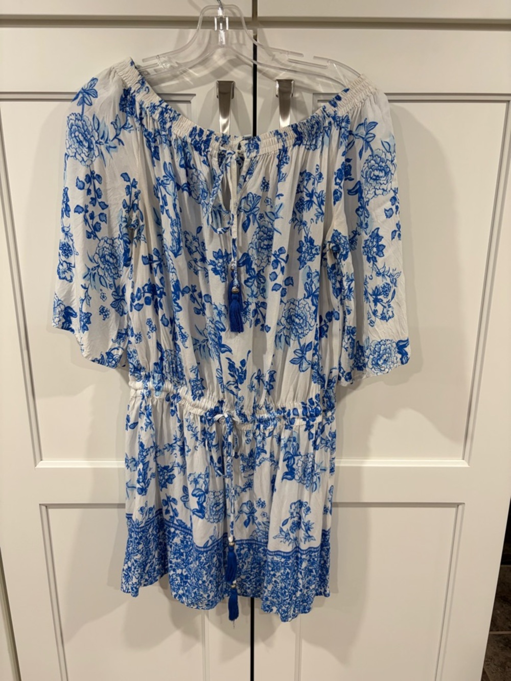 Blue Island Blue & White Floral Off-Shoulder Tunic Dress